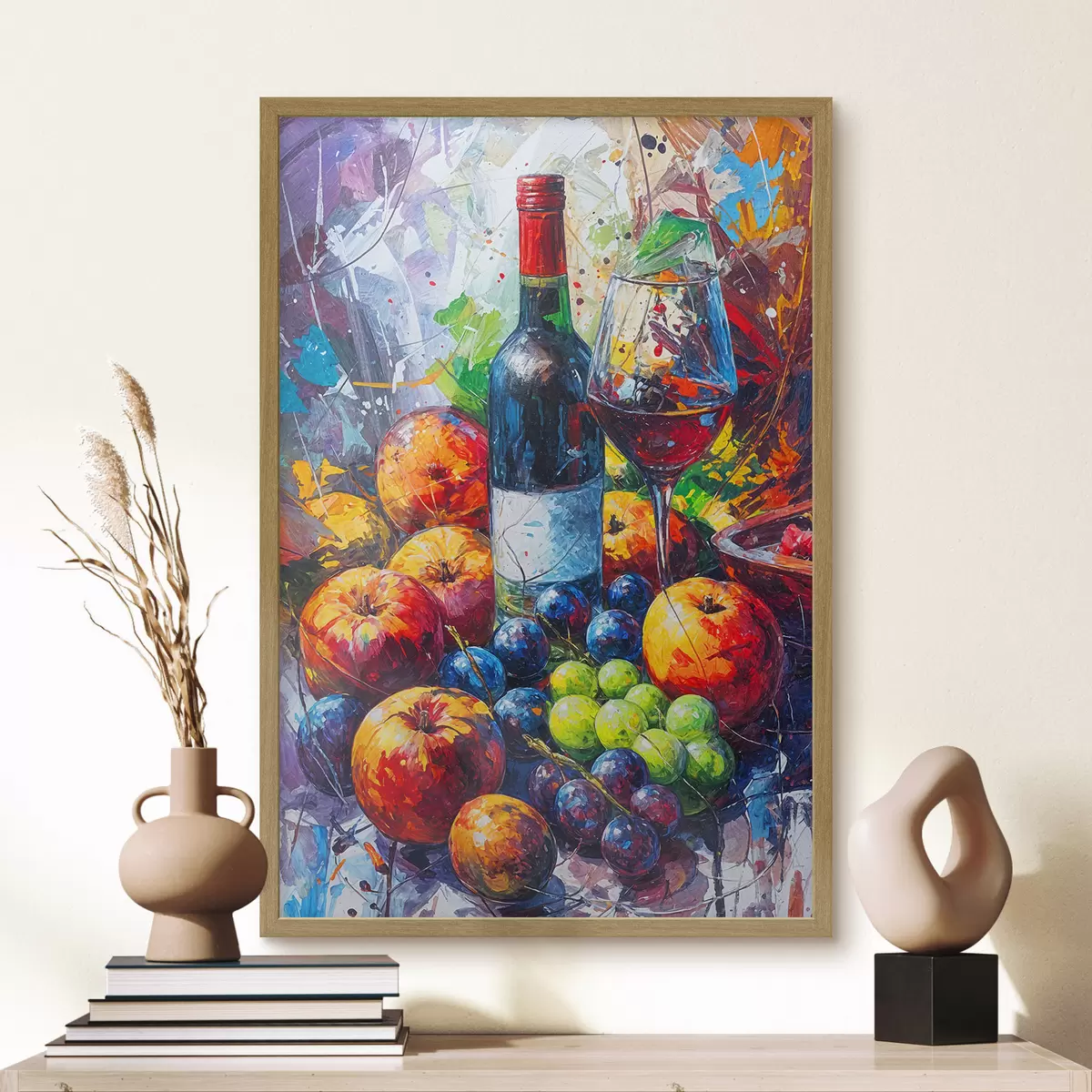 Poster Bodegón abstracto con una botella de vino, una copa de vino y frutas coloridas con toques de varios colores f38958