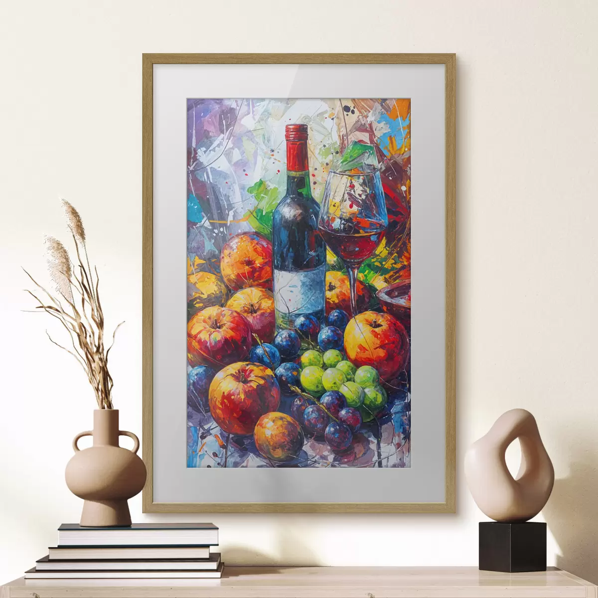 Poster Bodegón abstracto con una botella de vino, una copa de vino y frutas coloridas con toques de varios colores f38958