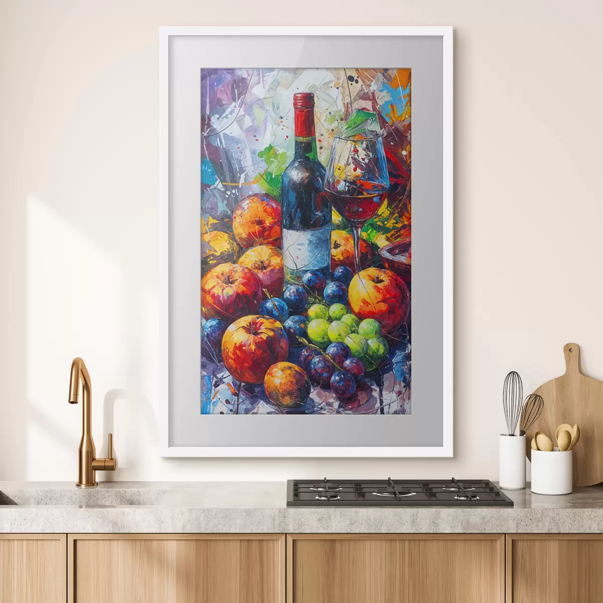 Poster Bodegón abstracto con una botella de vino, una copa de vino y frutas coloridas con toques de varios colores f38958