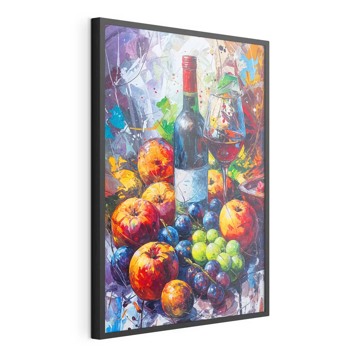 Poster Bodegón abstracto con una botella de vino, una copa de vino y frutas coloridas con toques de varios colores f38958