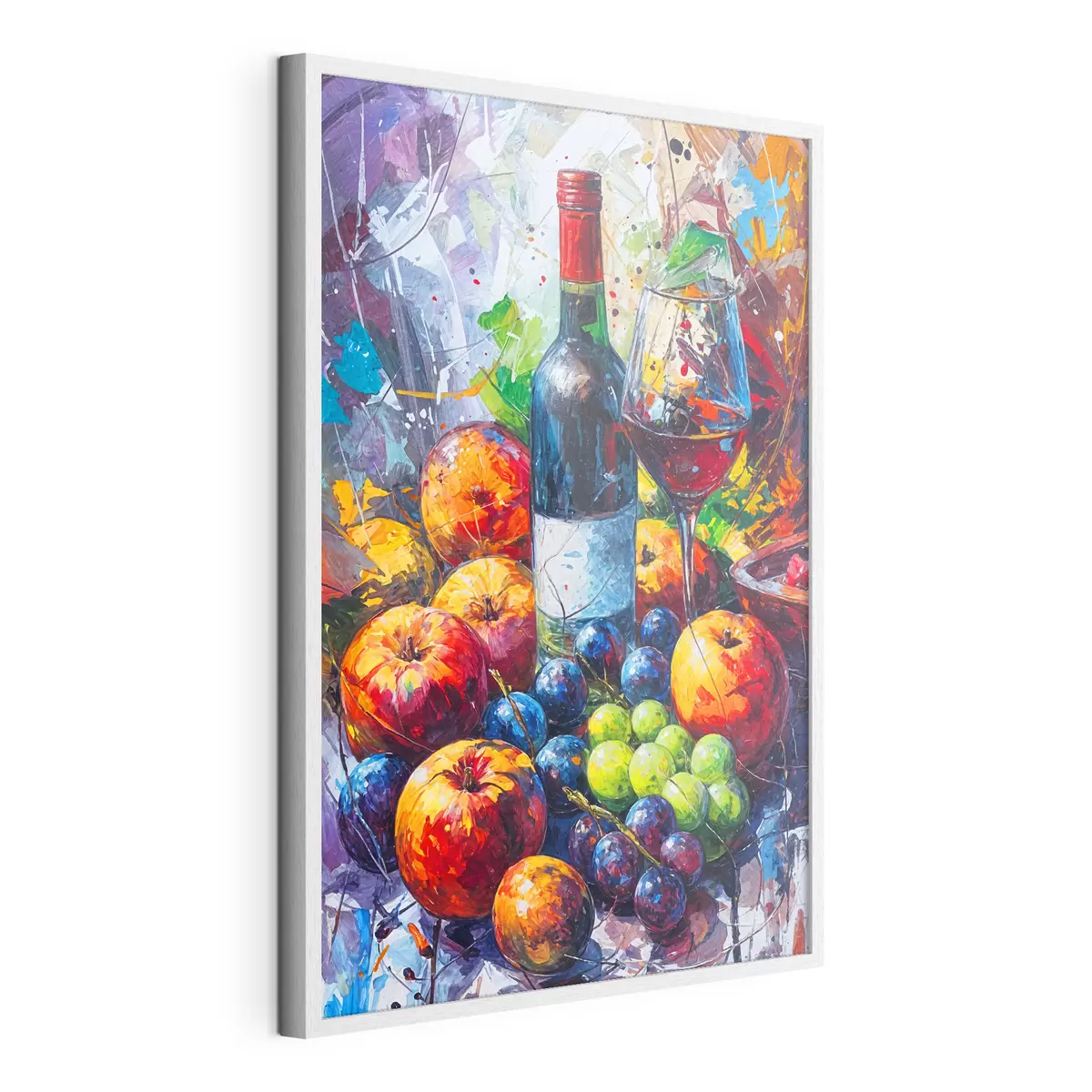 Poster Bodegón abstracto con una botella de vino, una copa de vino y frutas coloridas con toques de varios colores f38958