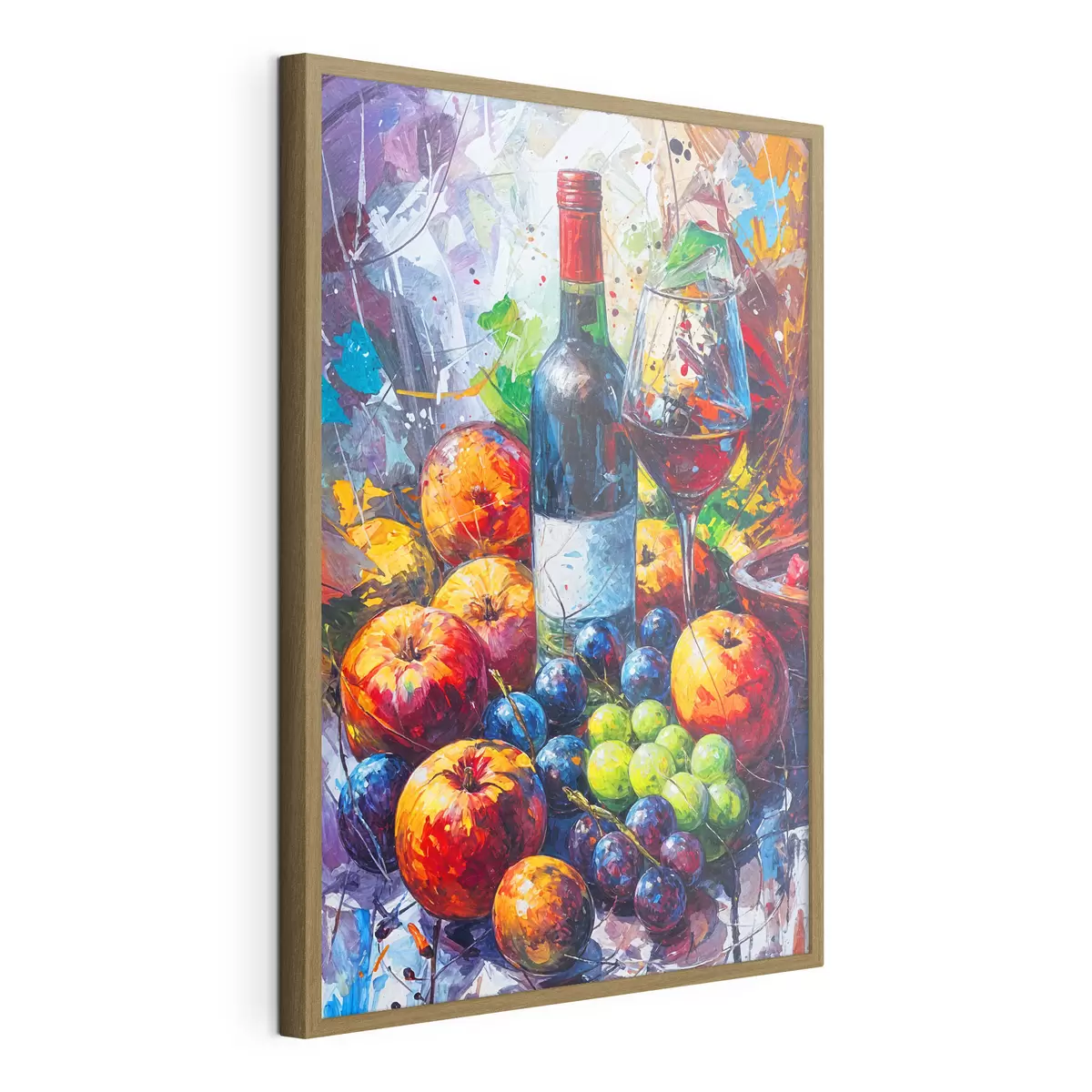 Poster Bodegón abstracto con una botella de vino, una copa de vino y frutas coloridas con toques de varios colores f38958