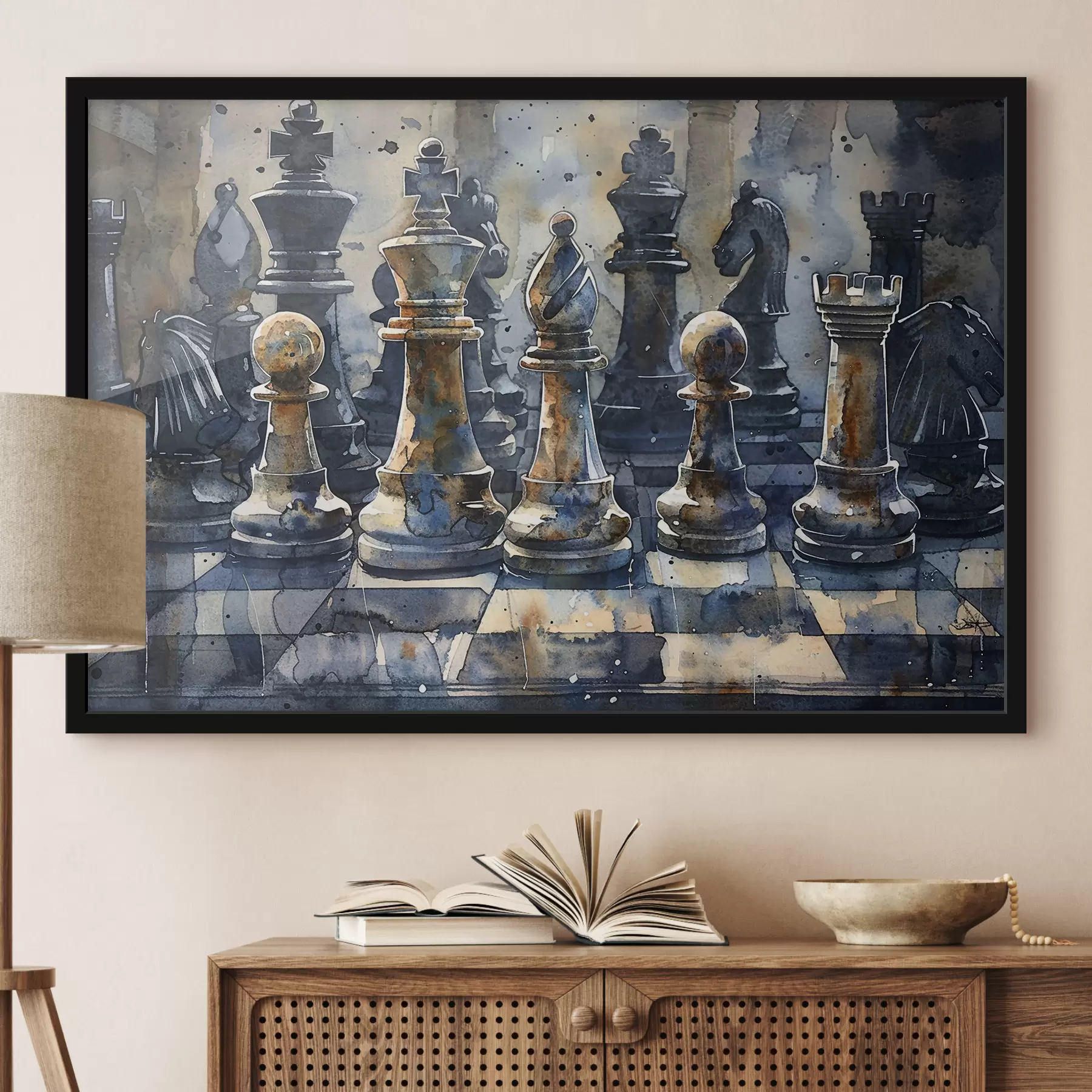 murales de pared Vista cercana de pintura acuarela de un ajedrez hecho de metal o piedra, con diseños y texturas detallados f38960