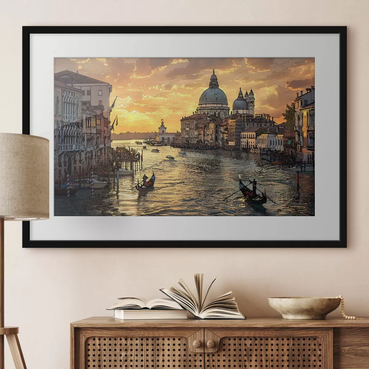 Poster Una pintura con vistas panorámicas del Gran Canal de Venecia, Italia, al atardecer f38963