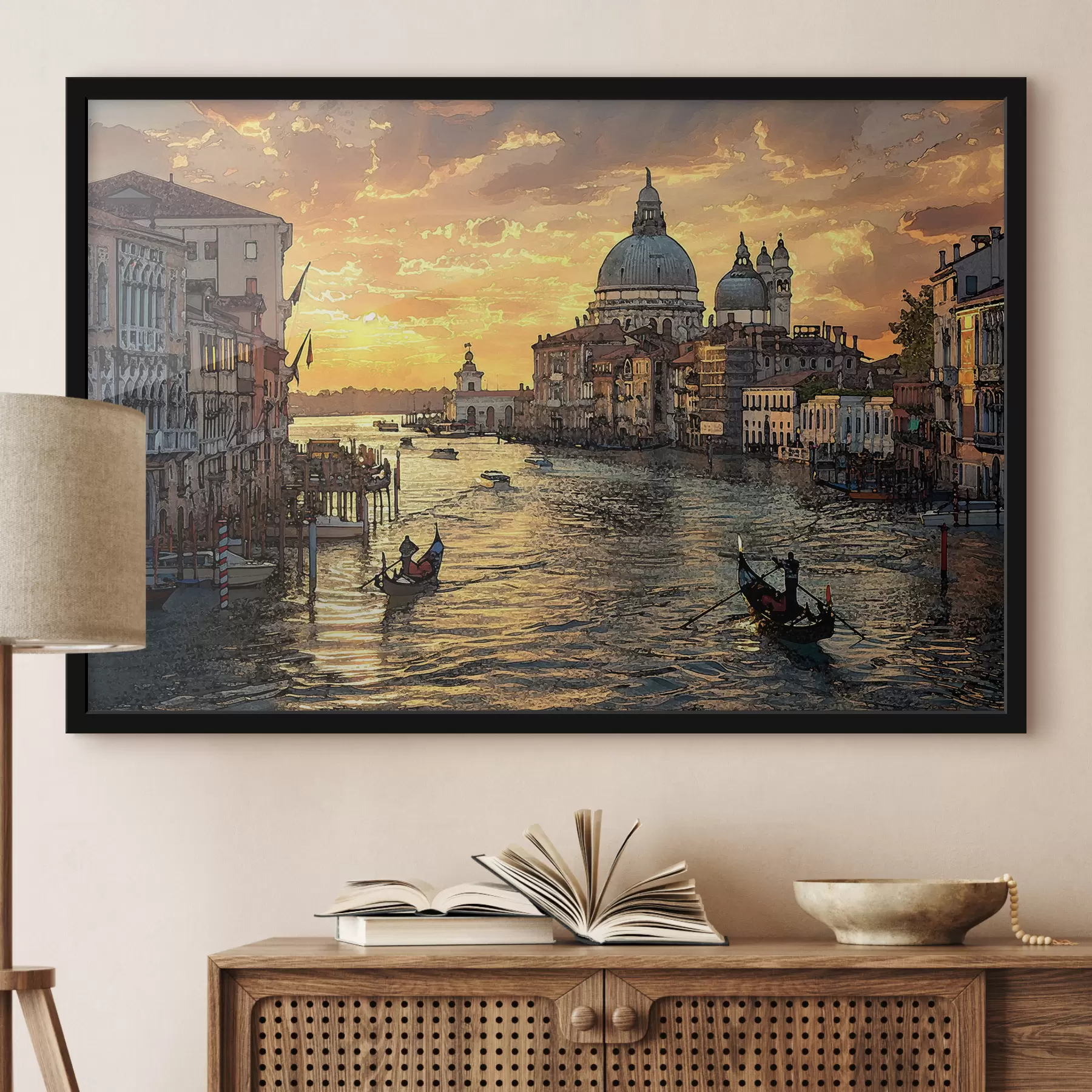murales de pared Una pintura con vistas panorámicas del Gran Canal de Venecia, Italia, al atardecer. f38963