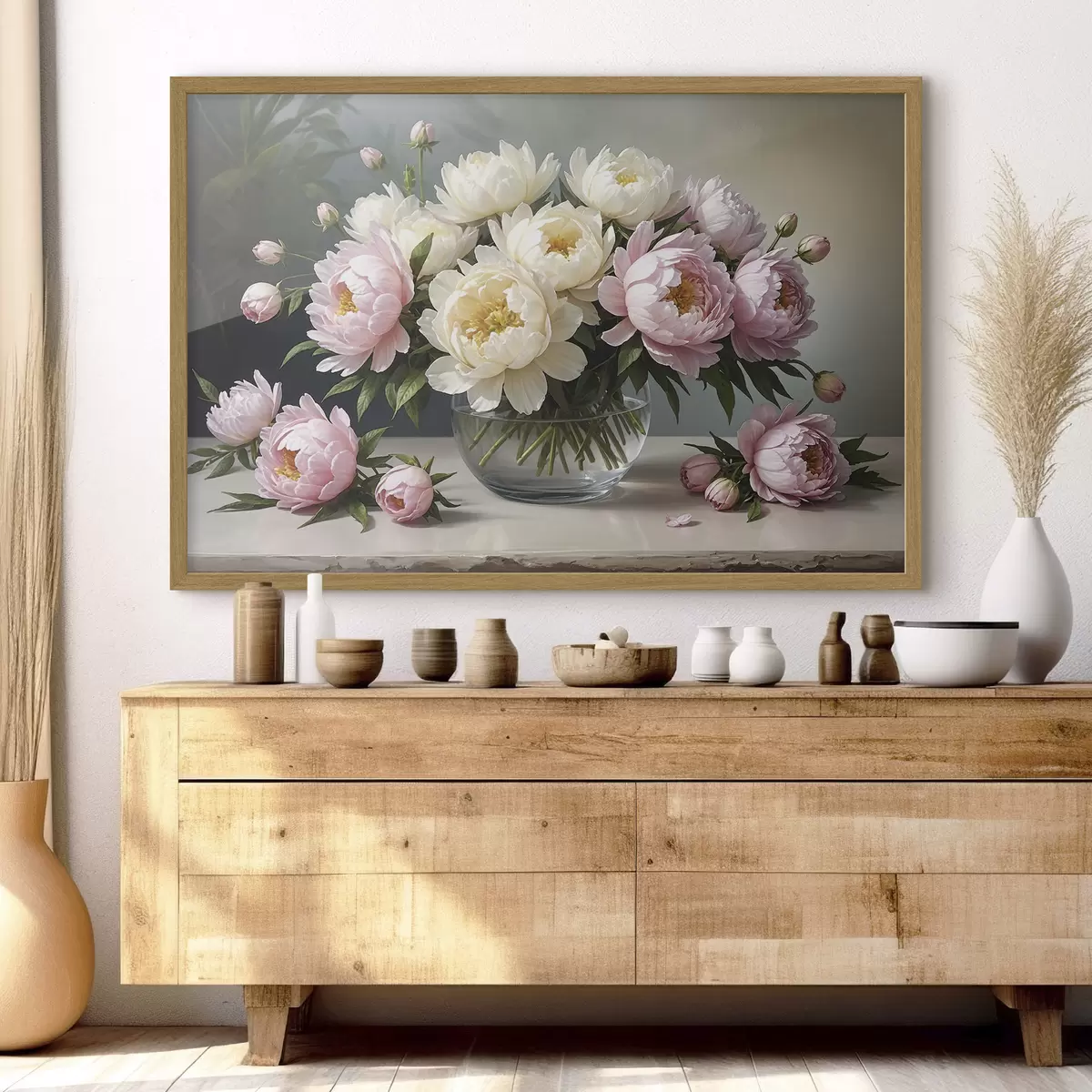 Poster Pintura de un ramo de hermosas peonías blancas y rosas en un jarrón de vidrio sobre una mesa de madera f38967