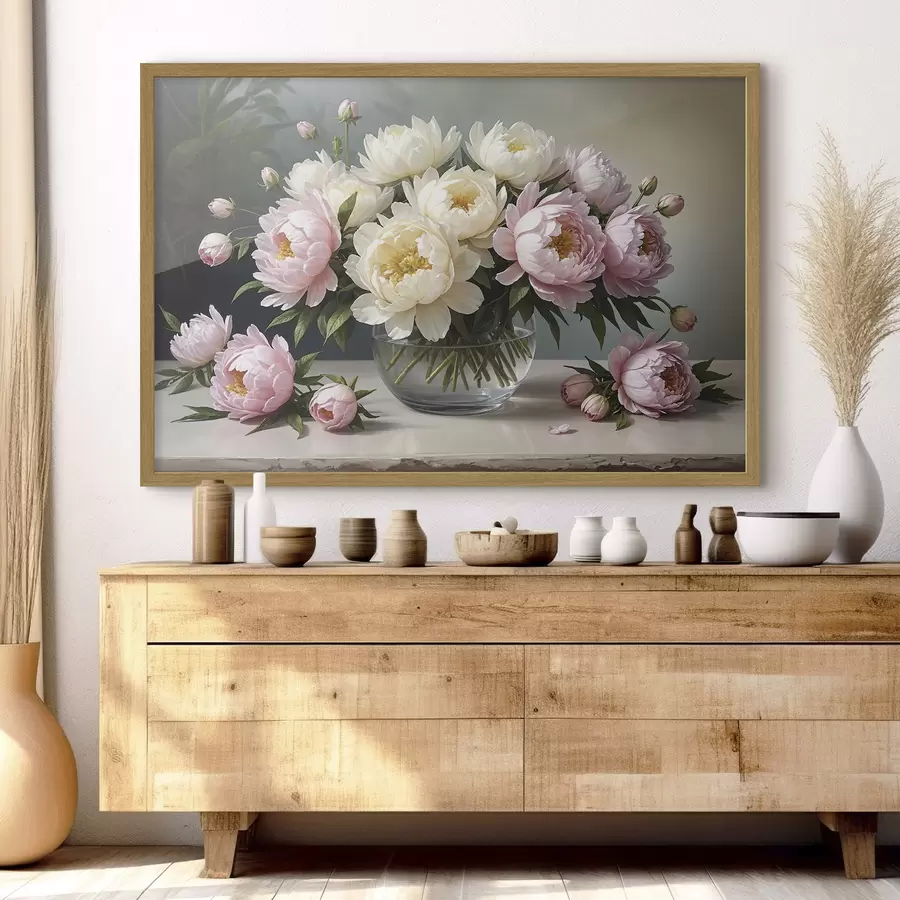 murales de pared Pintura de un ramo de hermosas peonías blancas y rosas en un jarrón de vidrio sobre una mesa de madera f38967