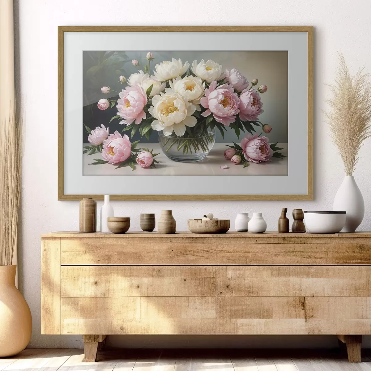 Poster Pintura de un ramo de hermosas peonías blancas y rosas en un jarrón de vidrio sobre una mesa de madera f38967