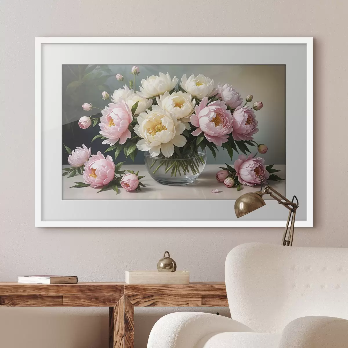 Poster Pintura de un ramo de hermosas peonías blancas y rosas en un jarrón de vidrio sobre una mesa de madera f38967