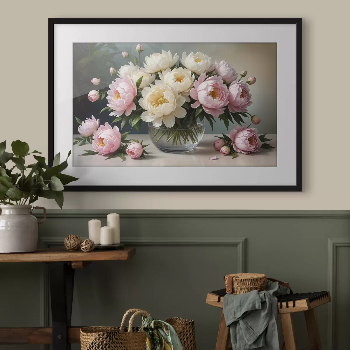 Poster Pintura de un ramo de hermosas peonías blancas y rosas en un jarrón de vidrio sobre una mesa de madera f38967