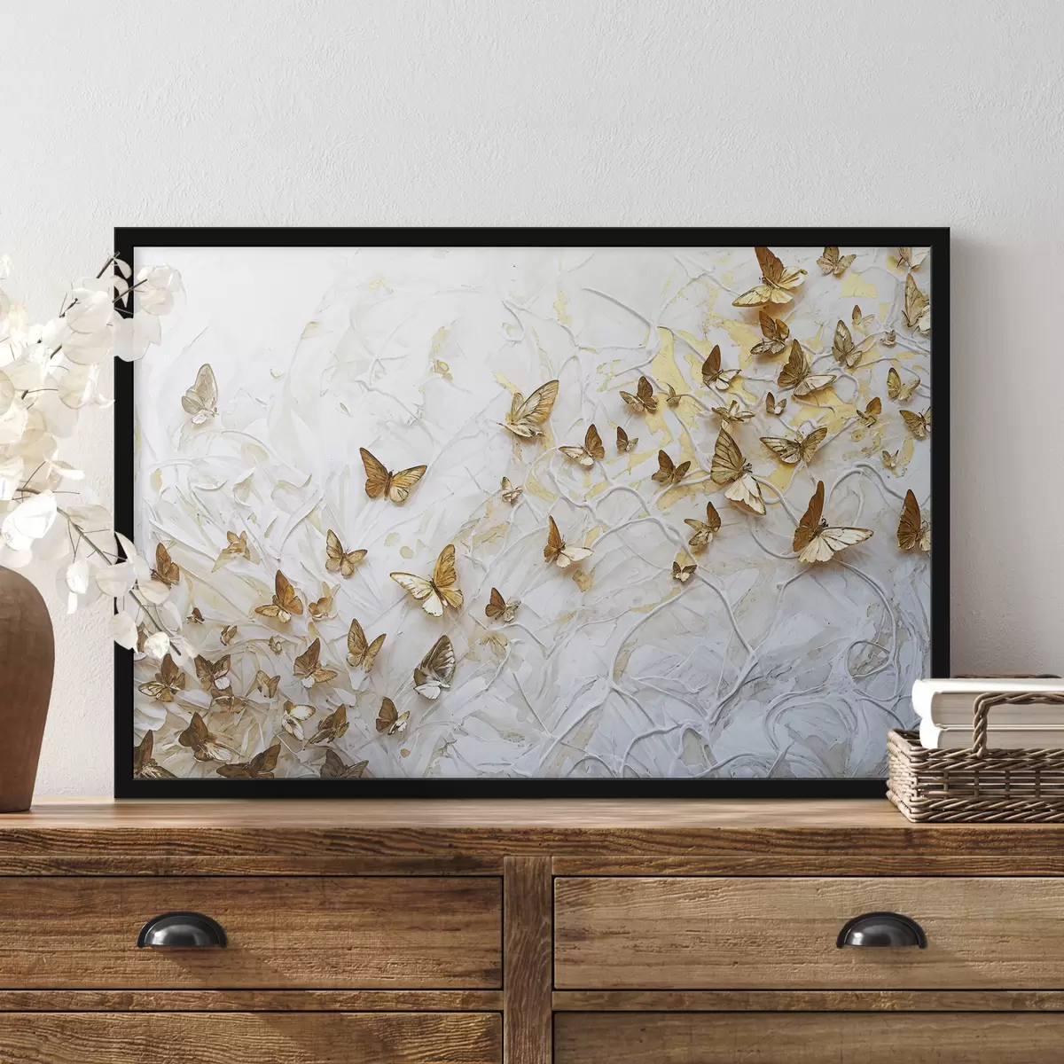 Poster Un gran grupo de mariposas sobre un fondo blanco, creando un patrón hermoso e intrincado f38970