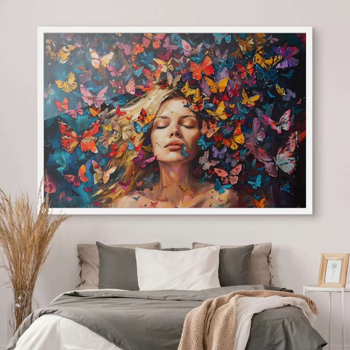 Poster Pintura al óleo de una mujer joven rodeada por un enjambre de mariposas de colores sobre un fondo oscuro f38972