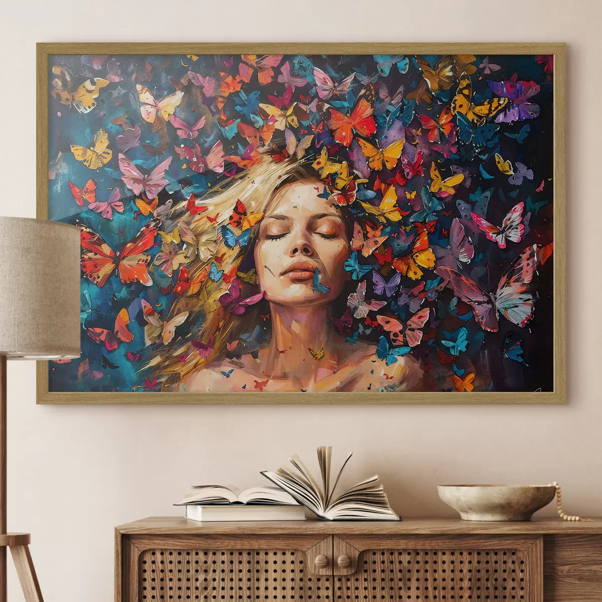 Poster Pintura al óleo de una mujer joven rodeada por un enjambre de mariposas de colores sobre un fondo oscuro f38972