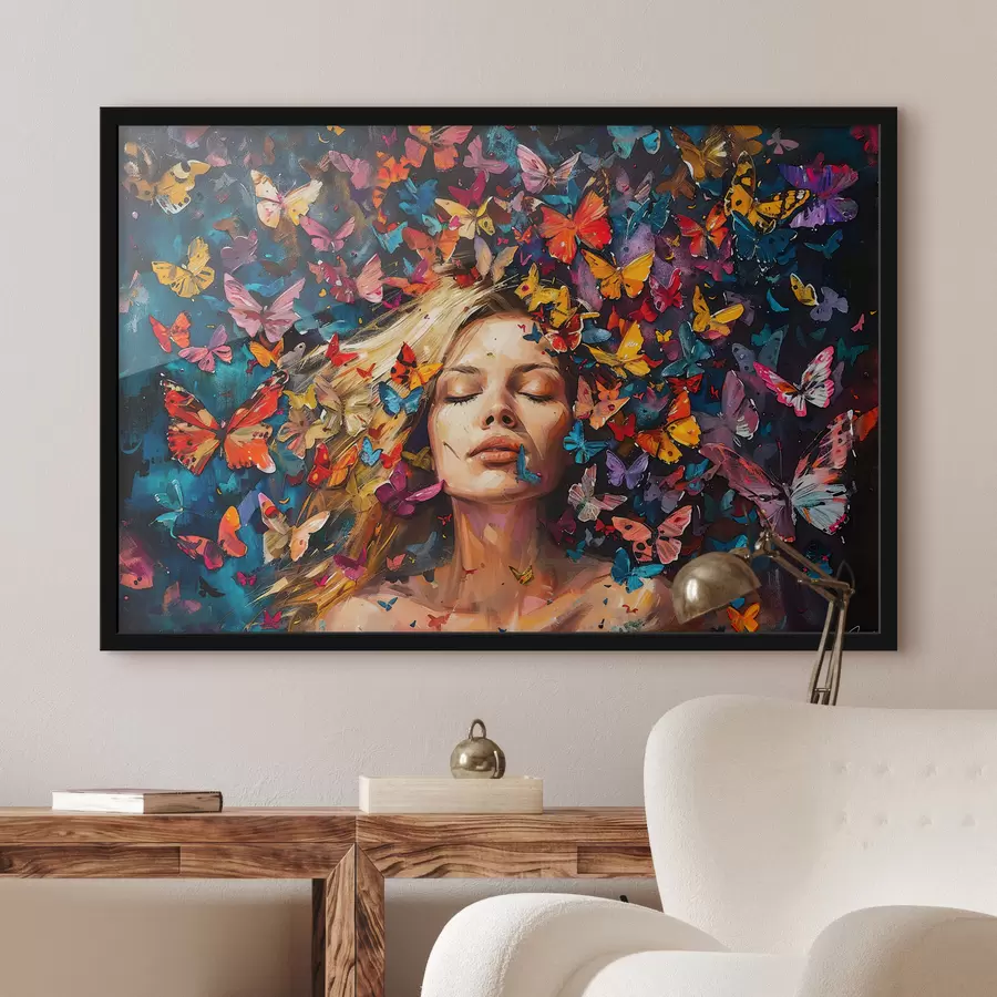 murales de pared Pintura al óleo de una mujer joven rodeada por un enjambre de mariposas de colores sobre un fondo oscuro f38972