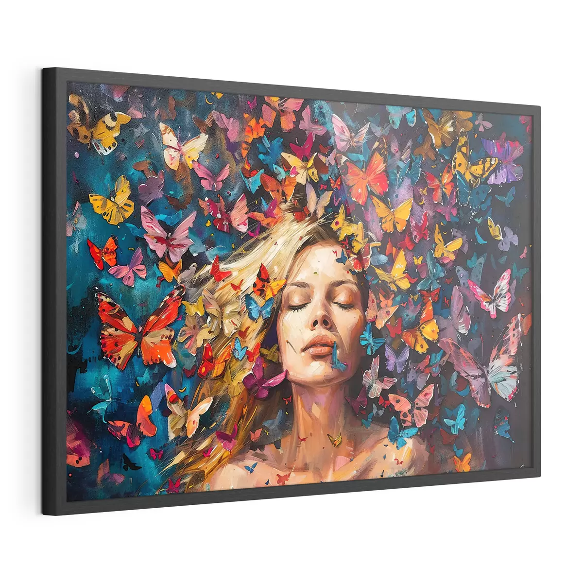Poster Pintura al óleo de una mujer joven rodeada por un enjambre de mariposas de colores sobre un fondo oscuro f38972