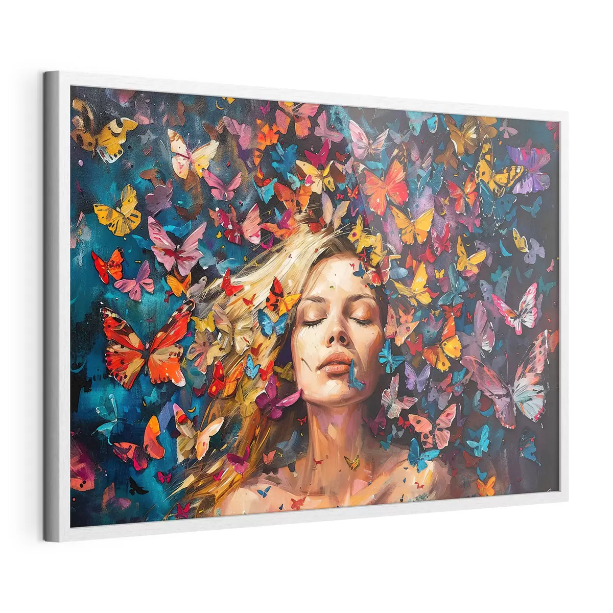 Poster Pintura al óleo de una mujer joven rodeada por un enjambre de mariposas de colores sobre un fondo oscuro f38972