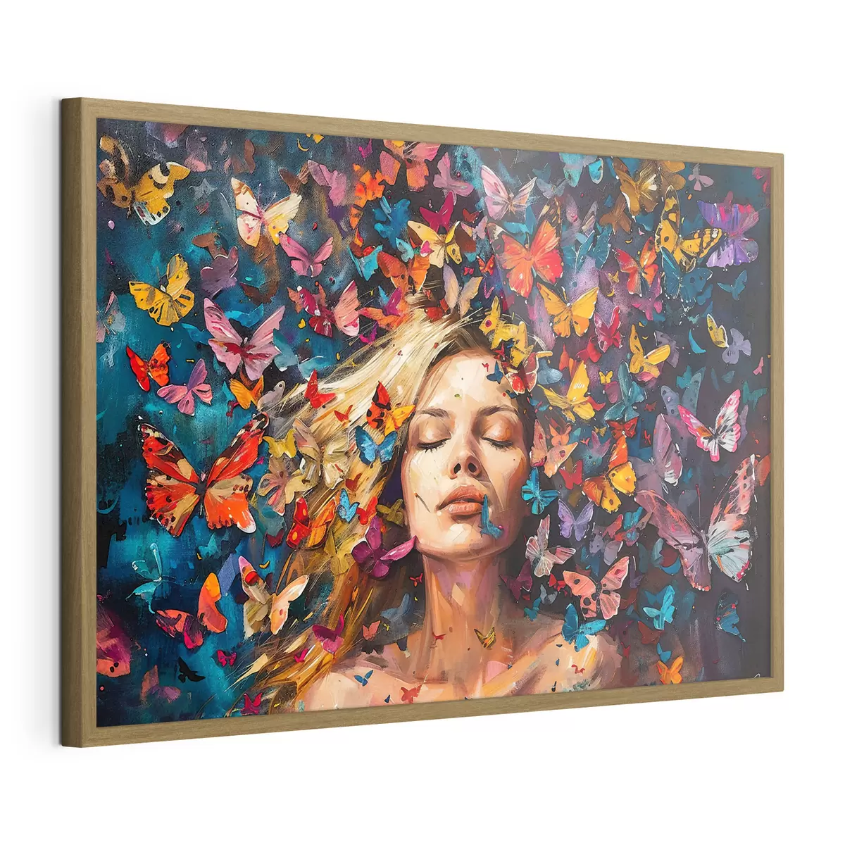 Poster Pintura al óleo de una mujer joven rodeada por un enjambre de mariposas de colores sobre un fondo oscuro f38972