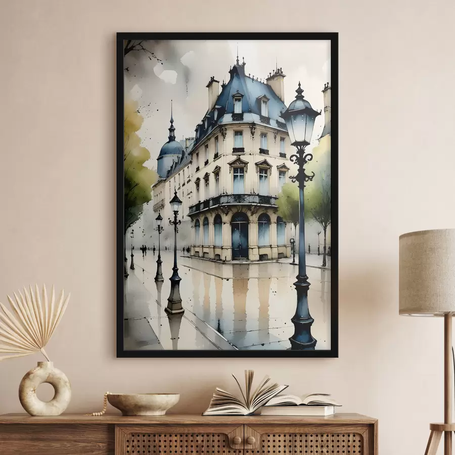 murales de pared Pintura acuarela de un edificio histórico con fachada curva y elementos arquitectónicos decorativos f38975