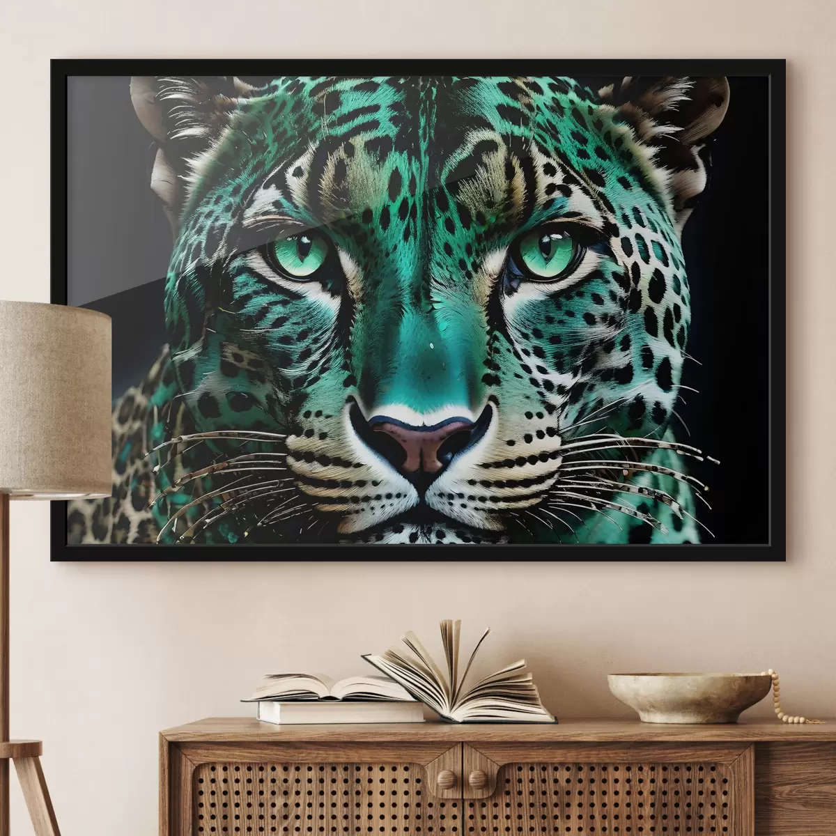 Poster Un retrato en primer plano de un feroz leopardo de ojos verdes con pelaje vibrante de color turquesa y manchas negras. f38979