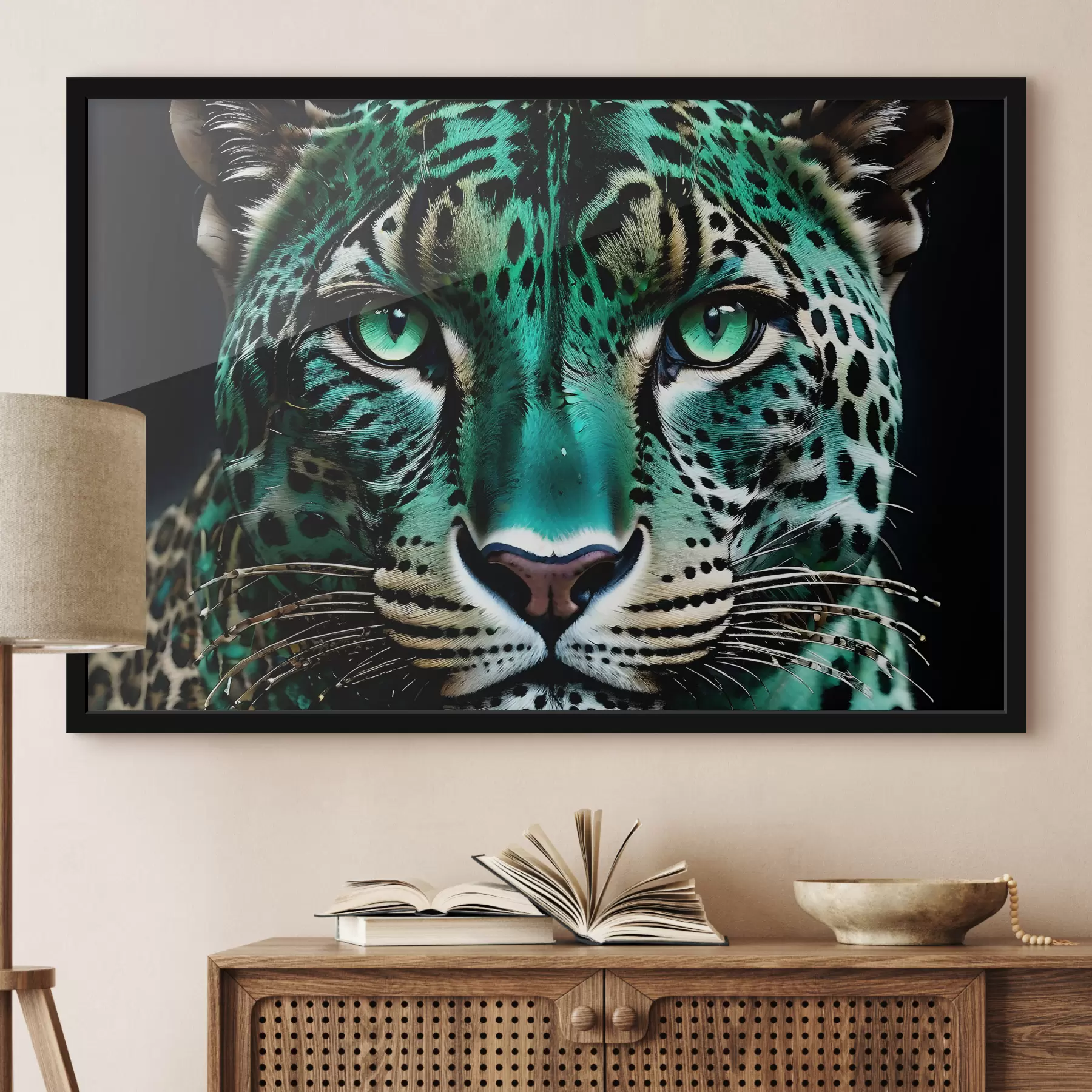 murales de pared Un retrato en primer plano de un feroz leopardo de ojos verdes con pelaje vibrante de color turquesa y manchas negras. f38979