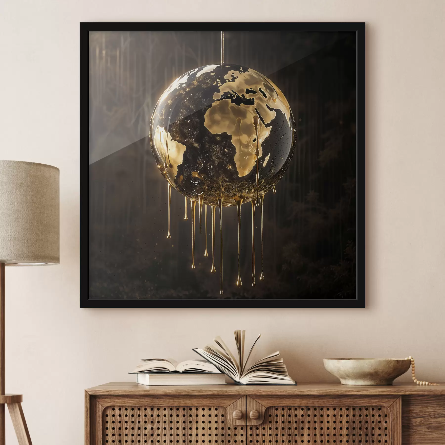 murales de pared Una bola brillante que representa la Tierra rodeada de líquido goteante sobre un fondo oscuro f38983