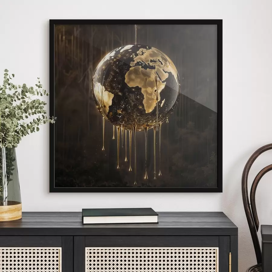 murales de pared Una bola brillante que representa la Tierra rodeada de líquido goteante sobre un fondo oscuro f38983