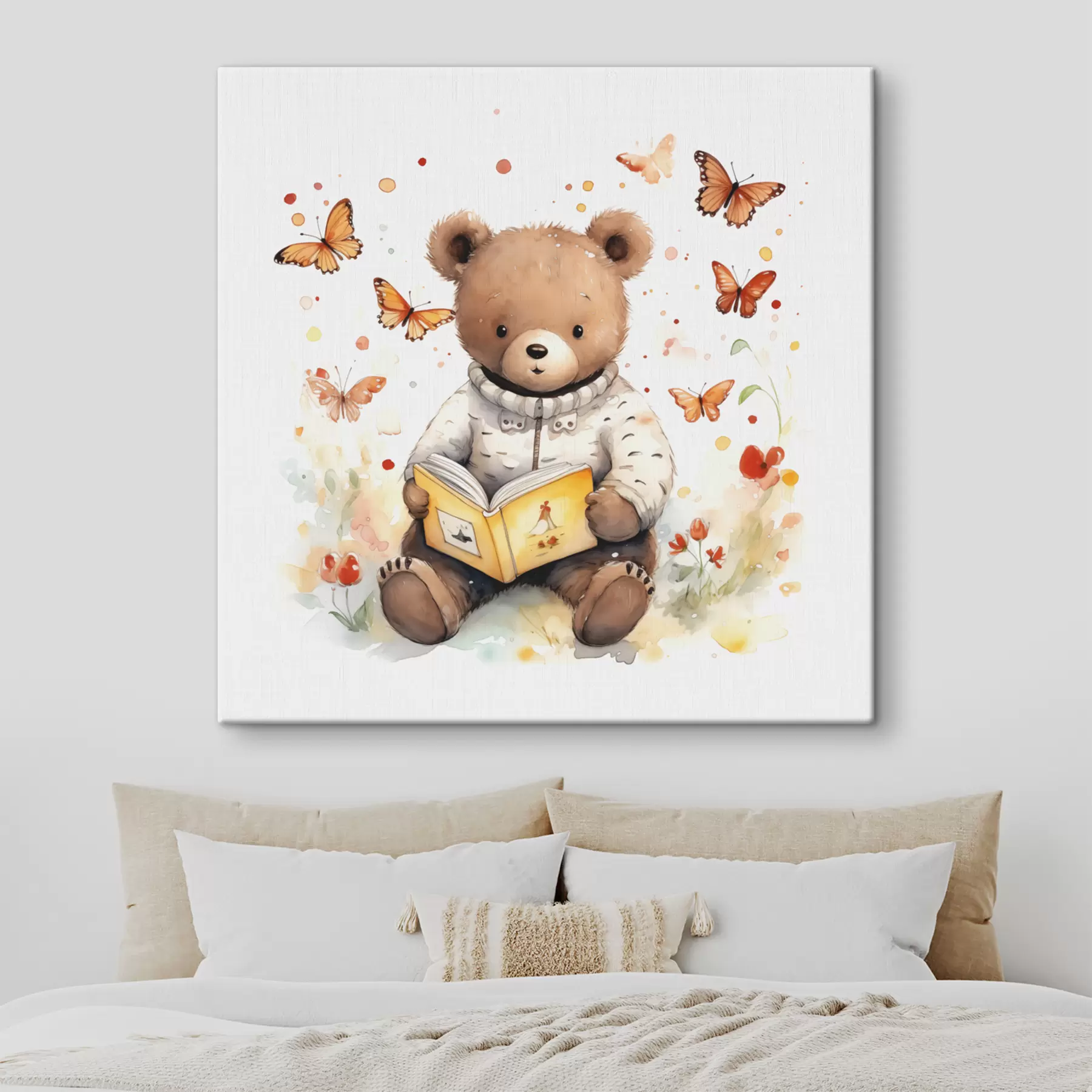 murales de pared Un cachorro de oso pardo con un suéter lee un libro rodeado de mariposas acuarelas s39025