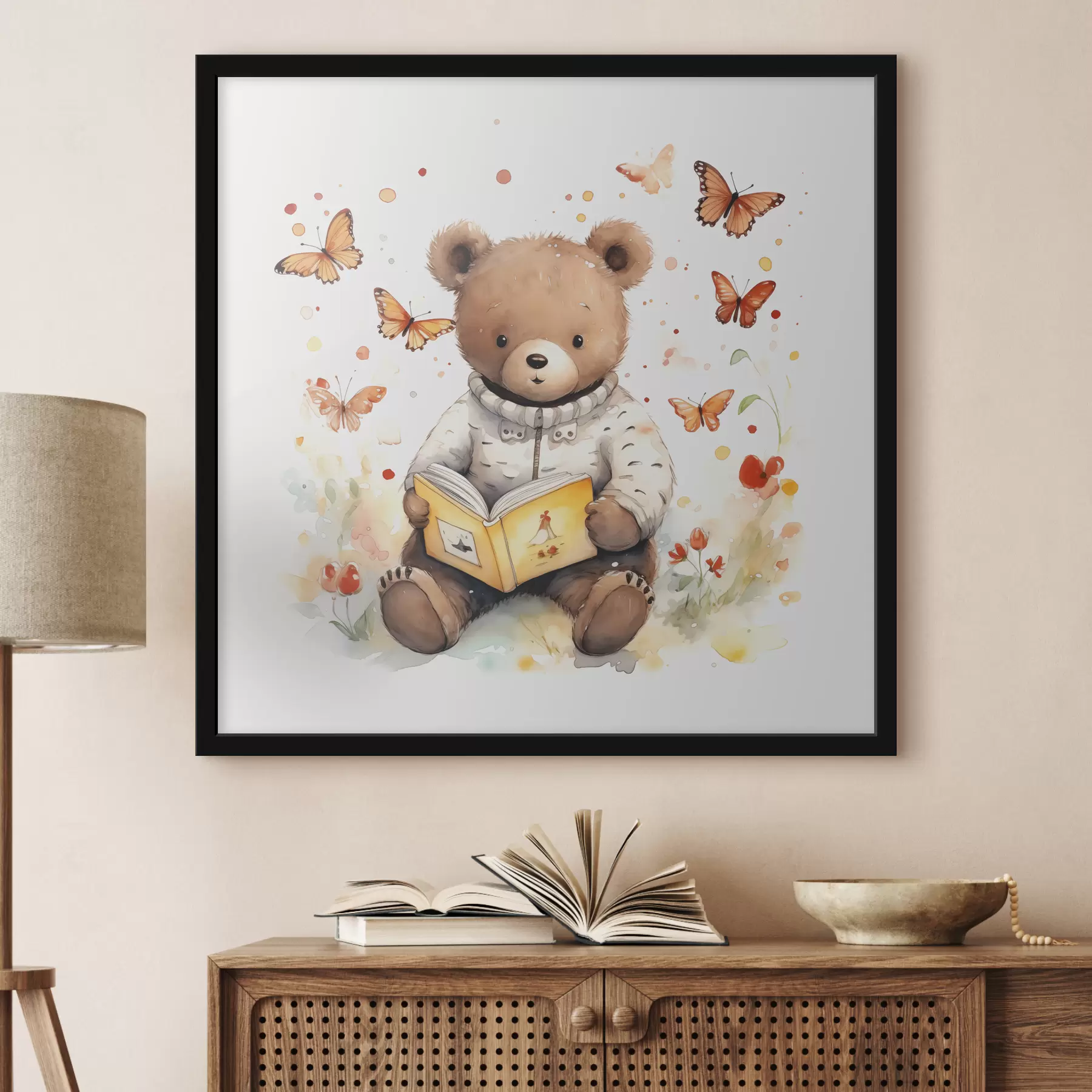 murales de pared Un oso pardo con jersey lee un libro rodeado de mariposas de acuarela f39025