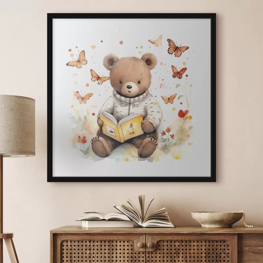 murales de pared Un oso pardo con jersey lee un libro rodeado de mariposas de acuarela f39025