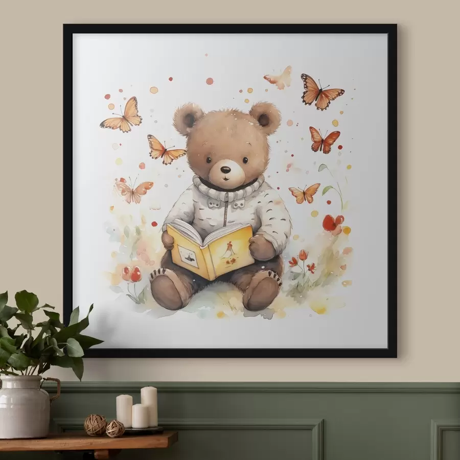 murales de pared Un oso pardo con jersey lee un libro rodeado de mariposas de acuarela f39025