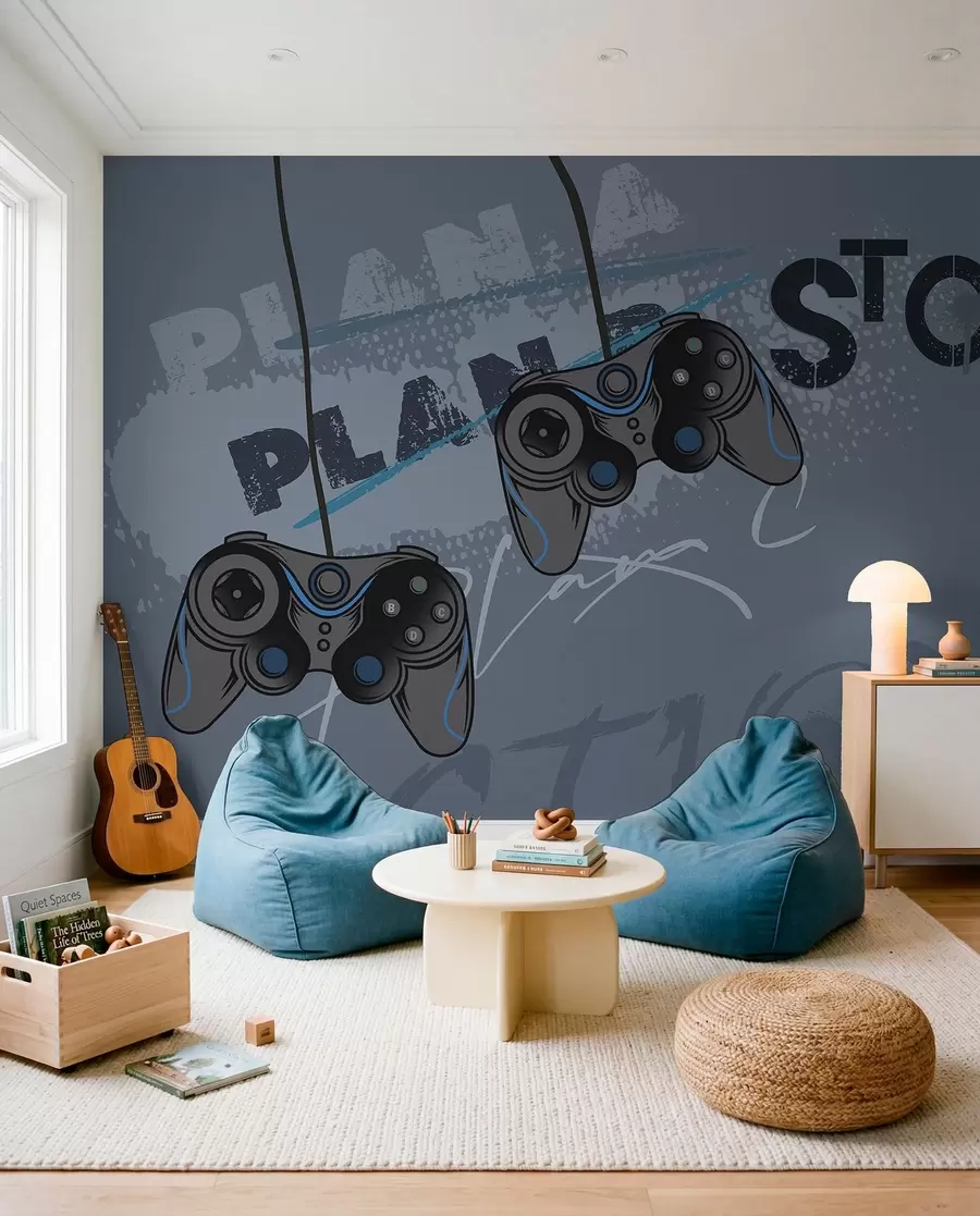 murales de pared Papel pintado infantil para adolescente con joysticks y letras gráficas en azul w00829