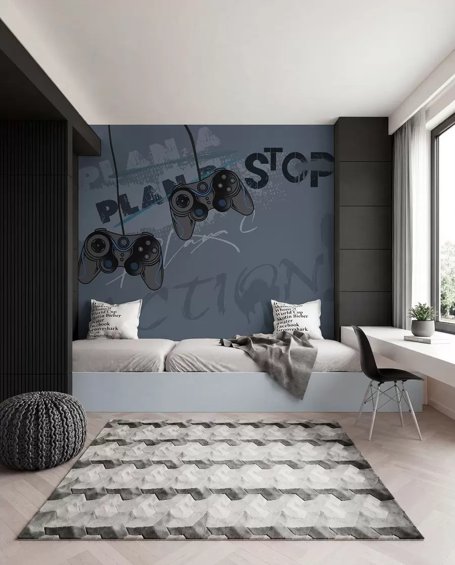 murales de pared Papel pintado infantil para adolescente con joysticks y letras gráficas en azul w00829