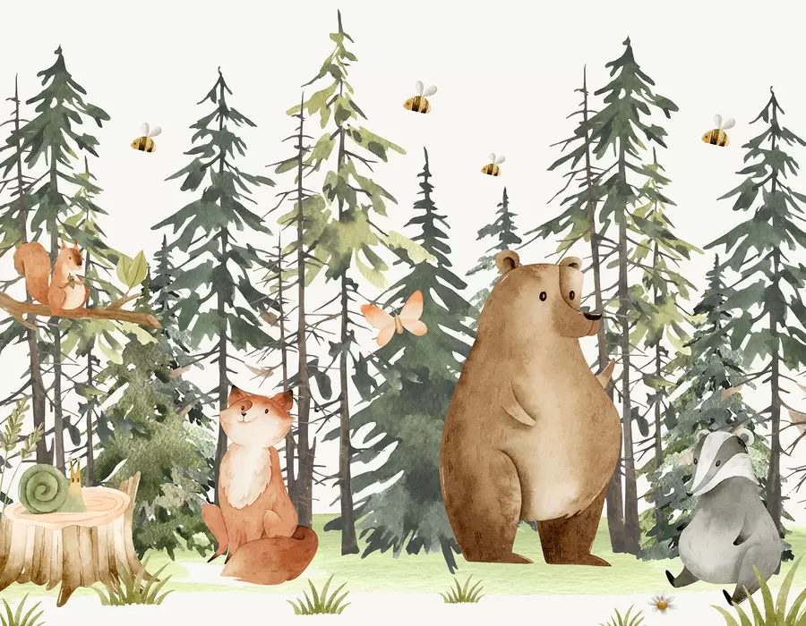 murales de pared Una escena de bosque con animales y varios pinos al fondo w00905