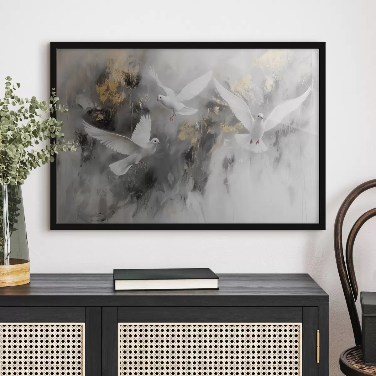 Poster Palomas blancas sobre fondo gris f39101