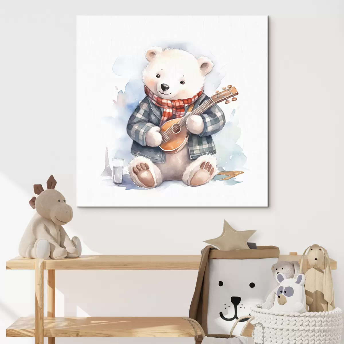 murales de pared Un músico de oso polar con un traje azul a cuadros y una bufanda roja toca la ilustración acuarela de los niños de la guitarra s39120