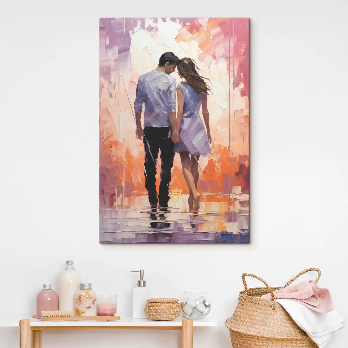 murales de pared Silueta de una pareja enamorada, pintura abstracta, chica y chico, color rosa, naranja, morado, negro s39124