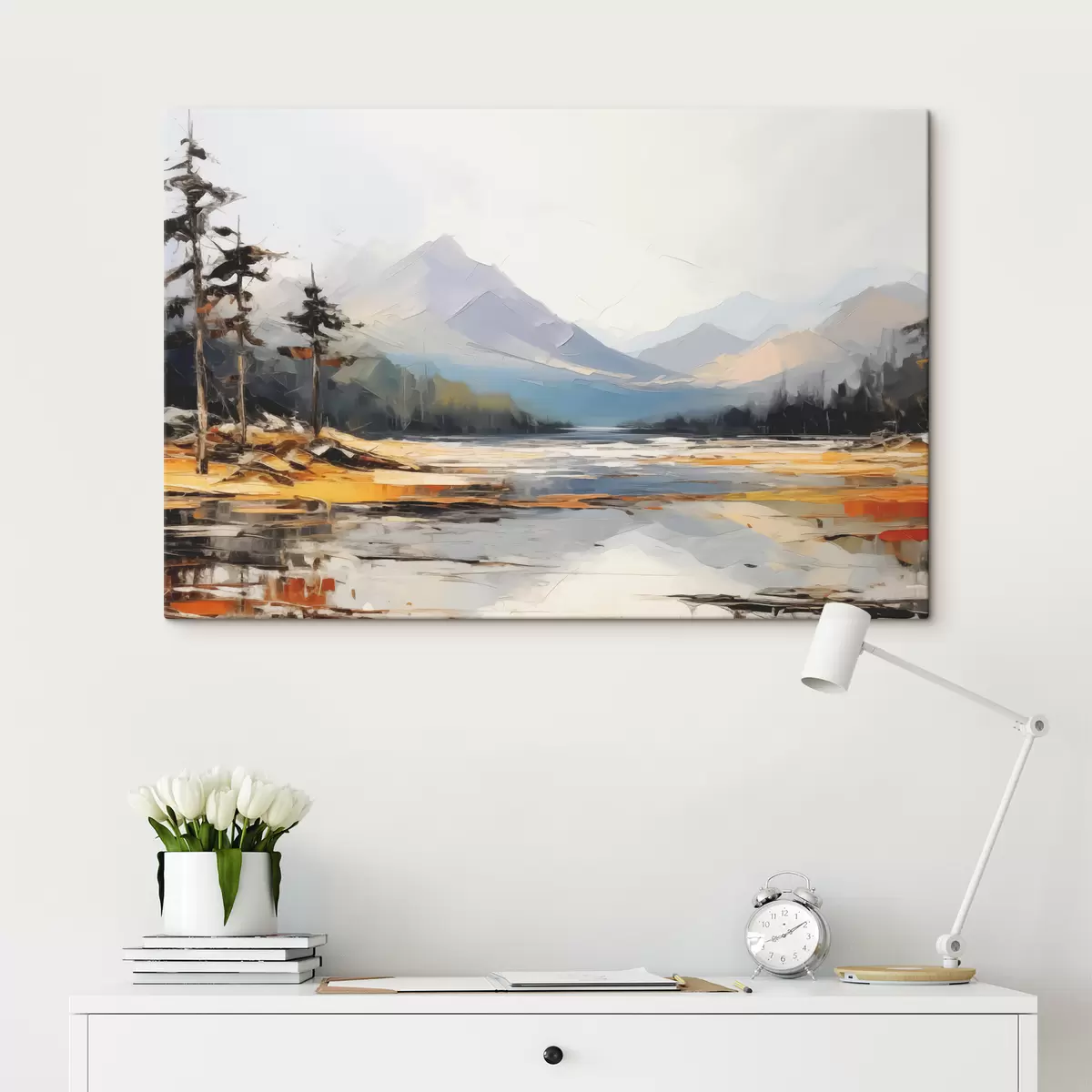 murales de pared Cordilleras en el valle pintura al óleo, paisaje, naturaleza, azul, color amarillo blanco s39128