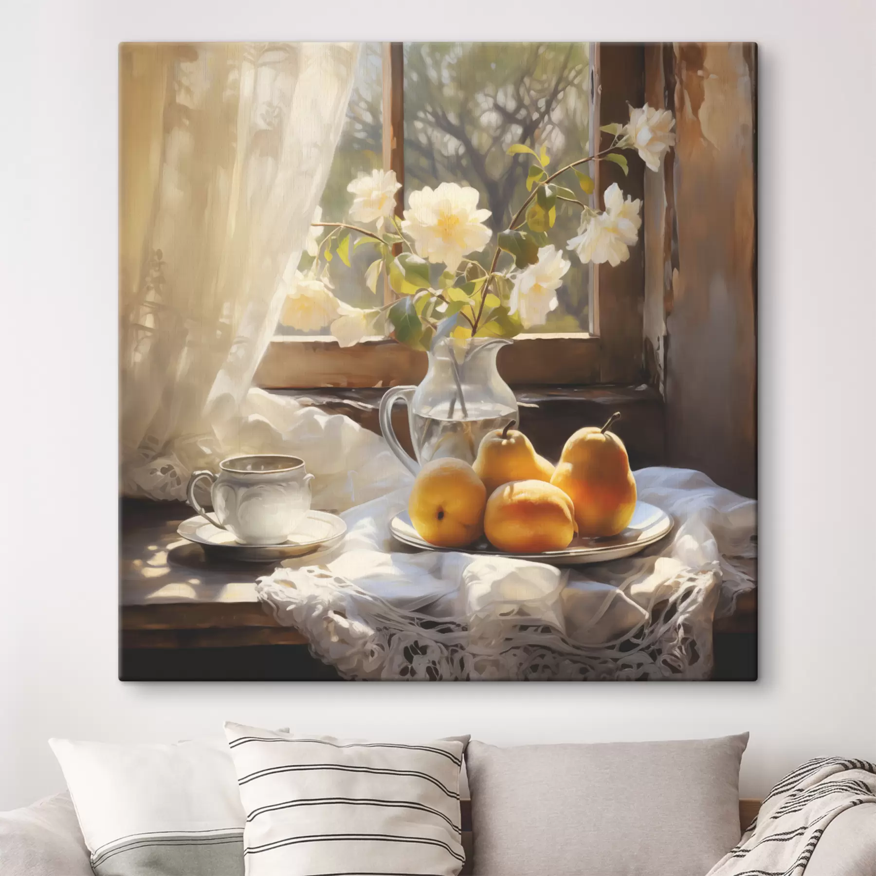 murales de pared Bodegón rústico de peras maduras amarillas en un plato sobre una mesa junto a la ventana, rosas blancas en una jarra de vidrio, cortinas de encaje blanco s39129