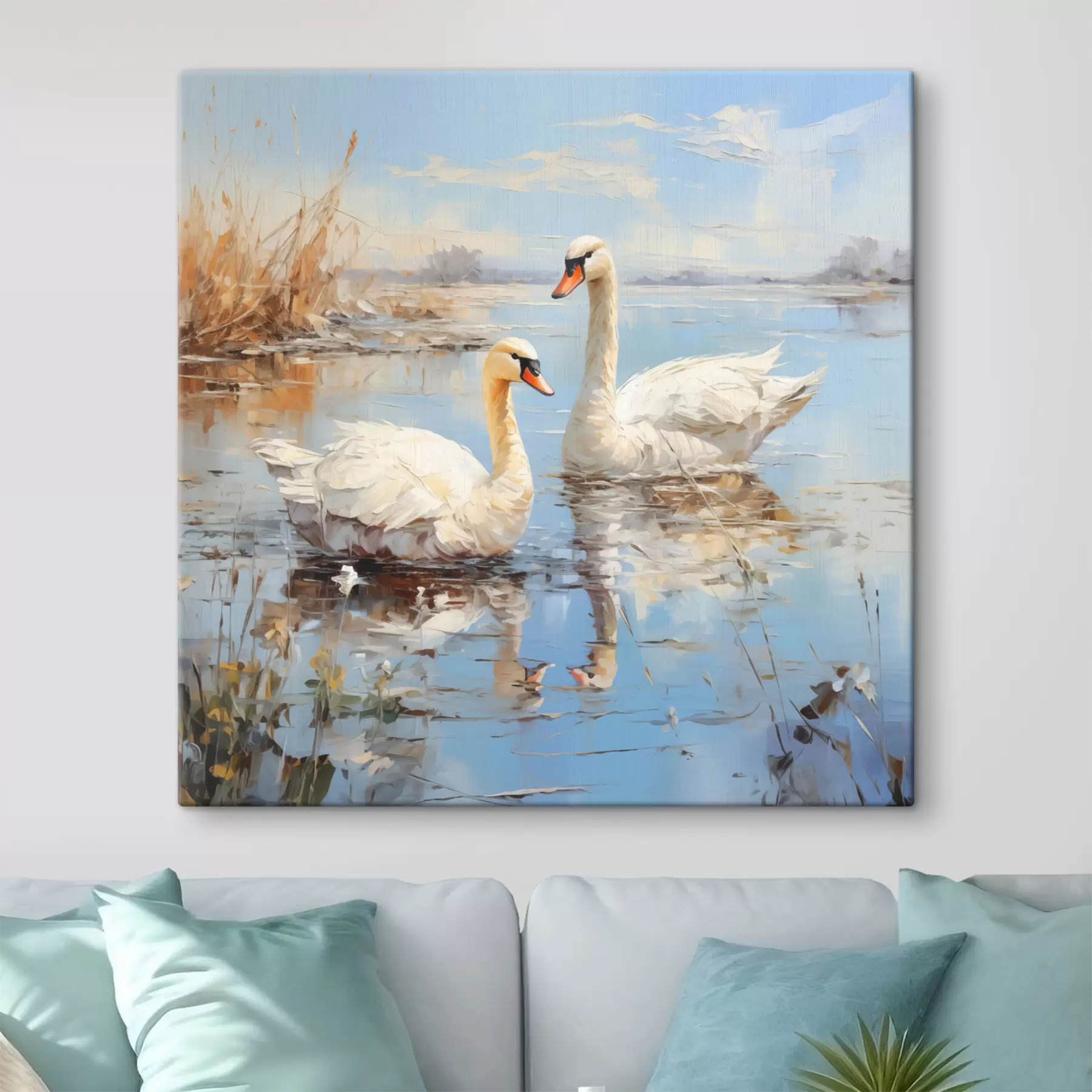 murales de pared Los gansos blancos nadan a lo largo del río entre los juncos, de color azul, blanco y beige. s39130