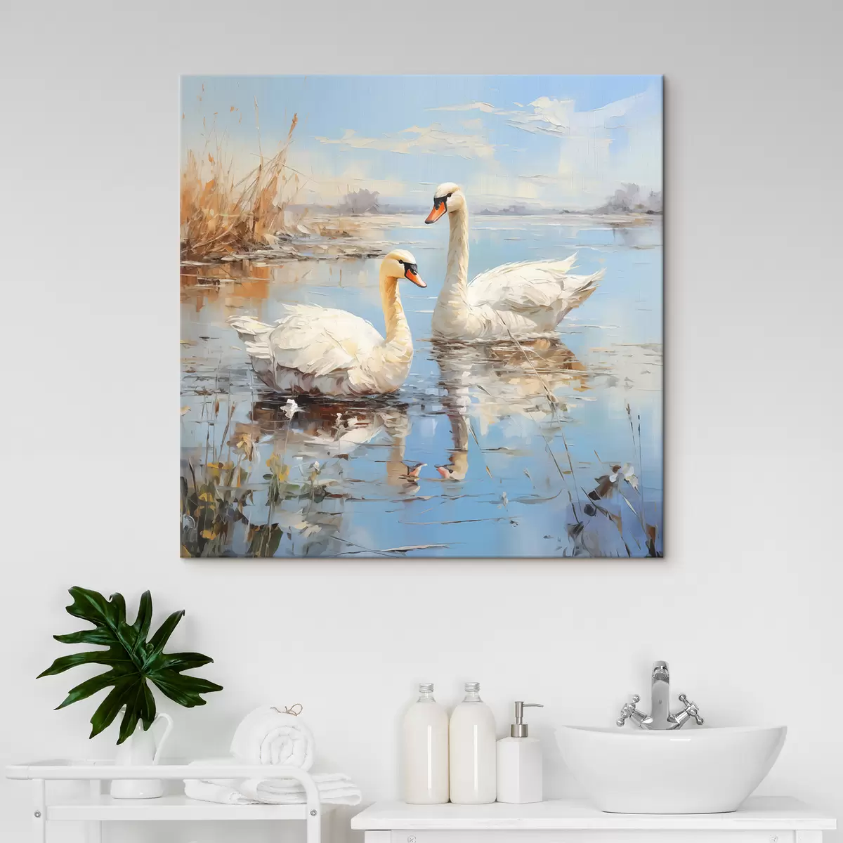 murales de pared Los gansos blancos nadan a lo largo del río entre los juncos, de color azul, blanco y beige. s39130