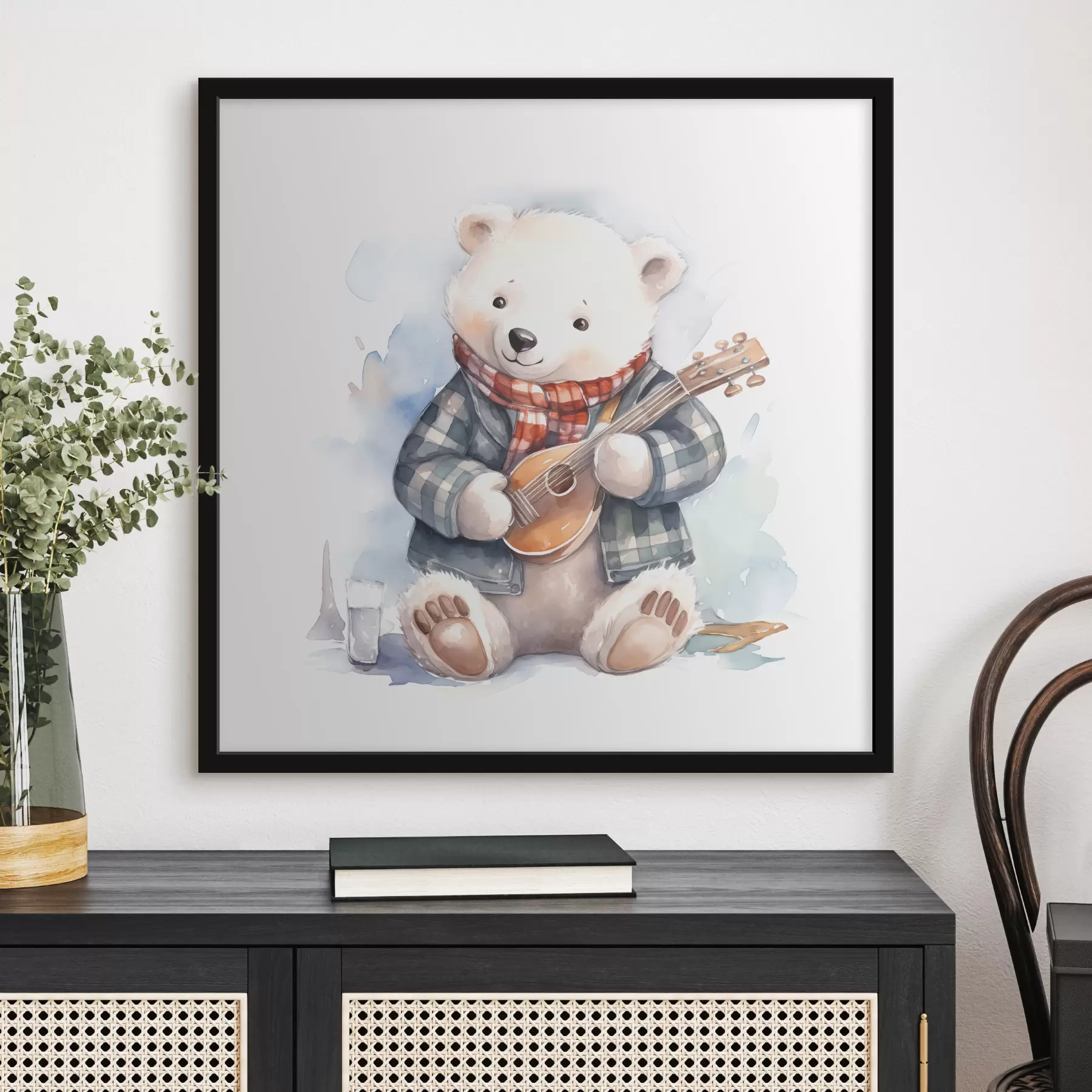 murales de pared Oso polar músico con traje de cuadros azules y bufanda roja toca la guitarra acuarela ilustración para niños f39120