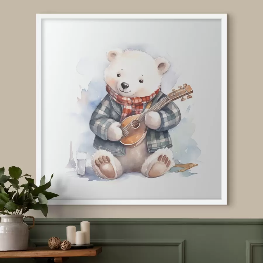 murales de pared Oso polar músico con traje de cuadros azules y bufanda roja toca la guitarra acuarela ilustración para niños f39120