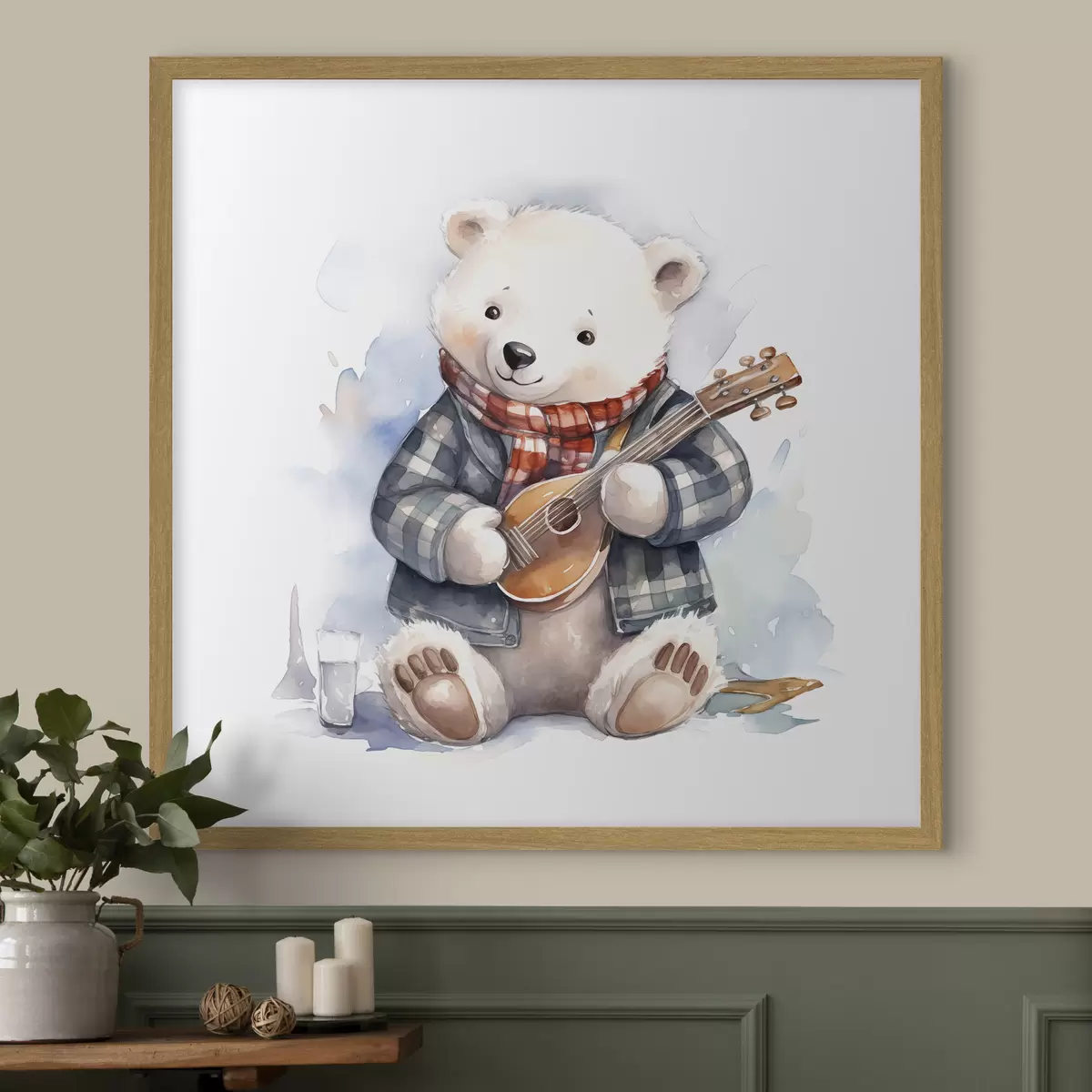 Poster Oso polar músico con traje de cuadros azules y bufanda roja toca la guitarra acuarela ilustración para niños f39120