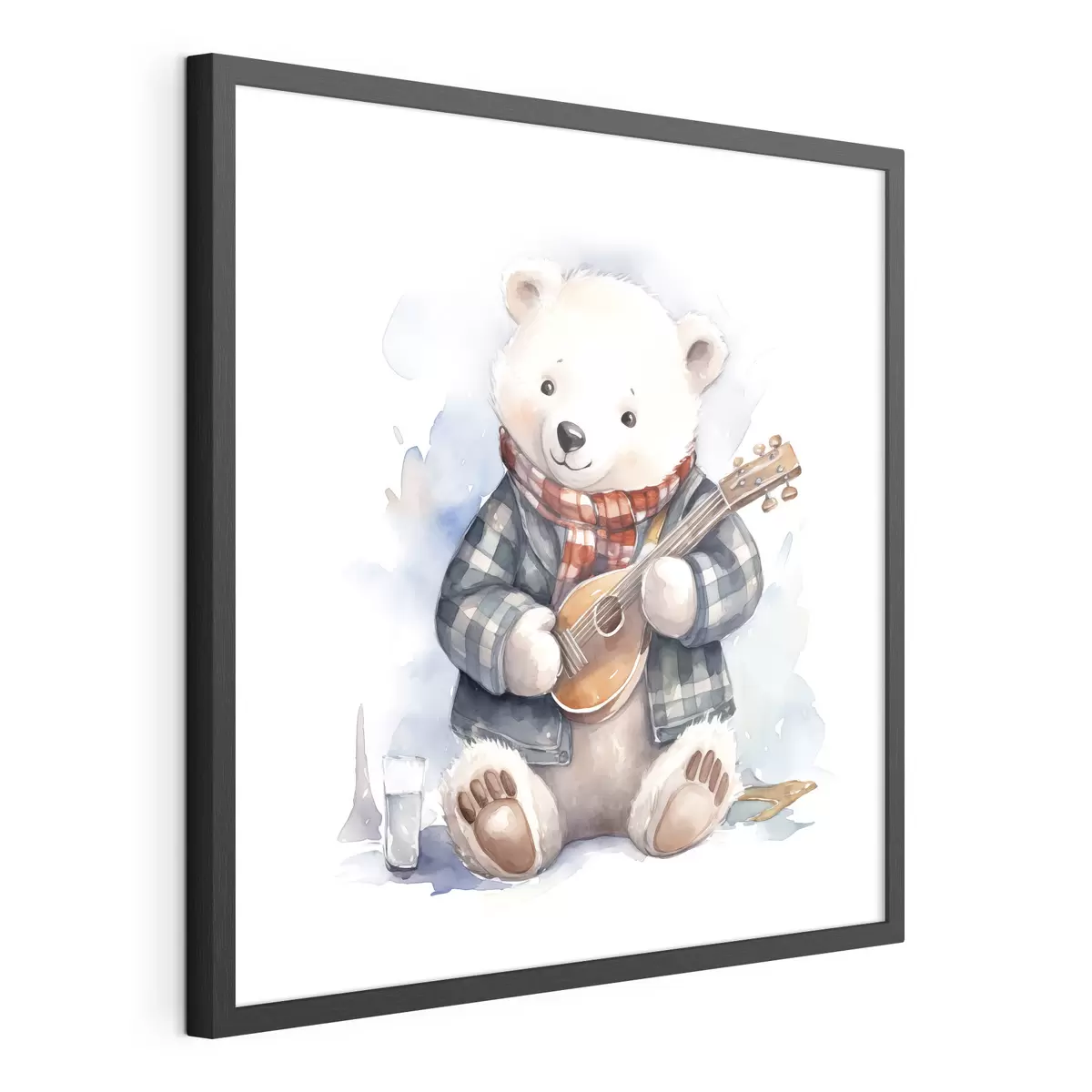 Poster Oso polar músico con traje de cuadros azules y bufanda roja toca la guitarra acuarela ilustración para niños f39120