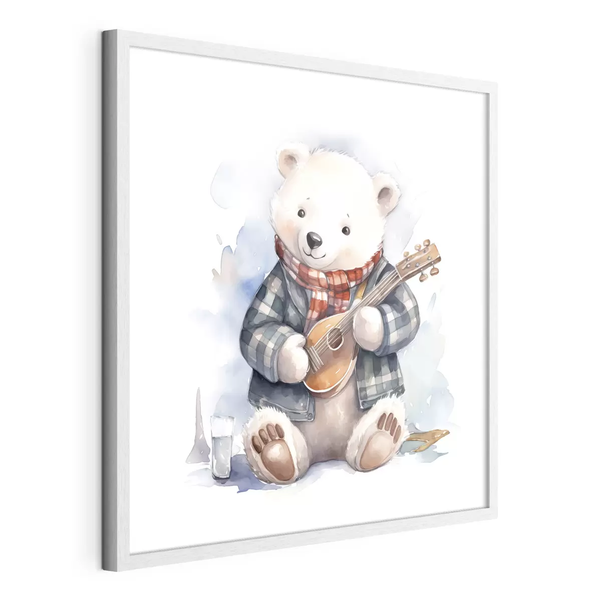 Poster Oso polar músico con traje de cuadros azules y bufanda roja toca la guitarra acuarela ilustración para niños f39120