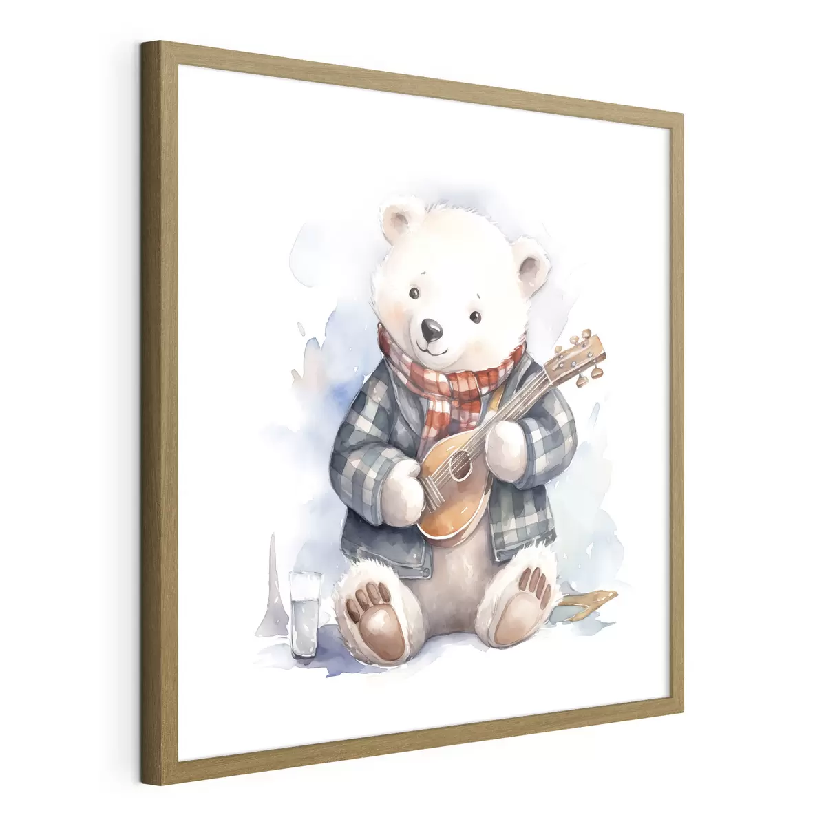 Poster Oso polar músico con traje de cuadros azules y bufanda roja toca la guitarra acuarela ilustración para niños f39120