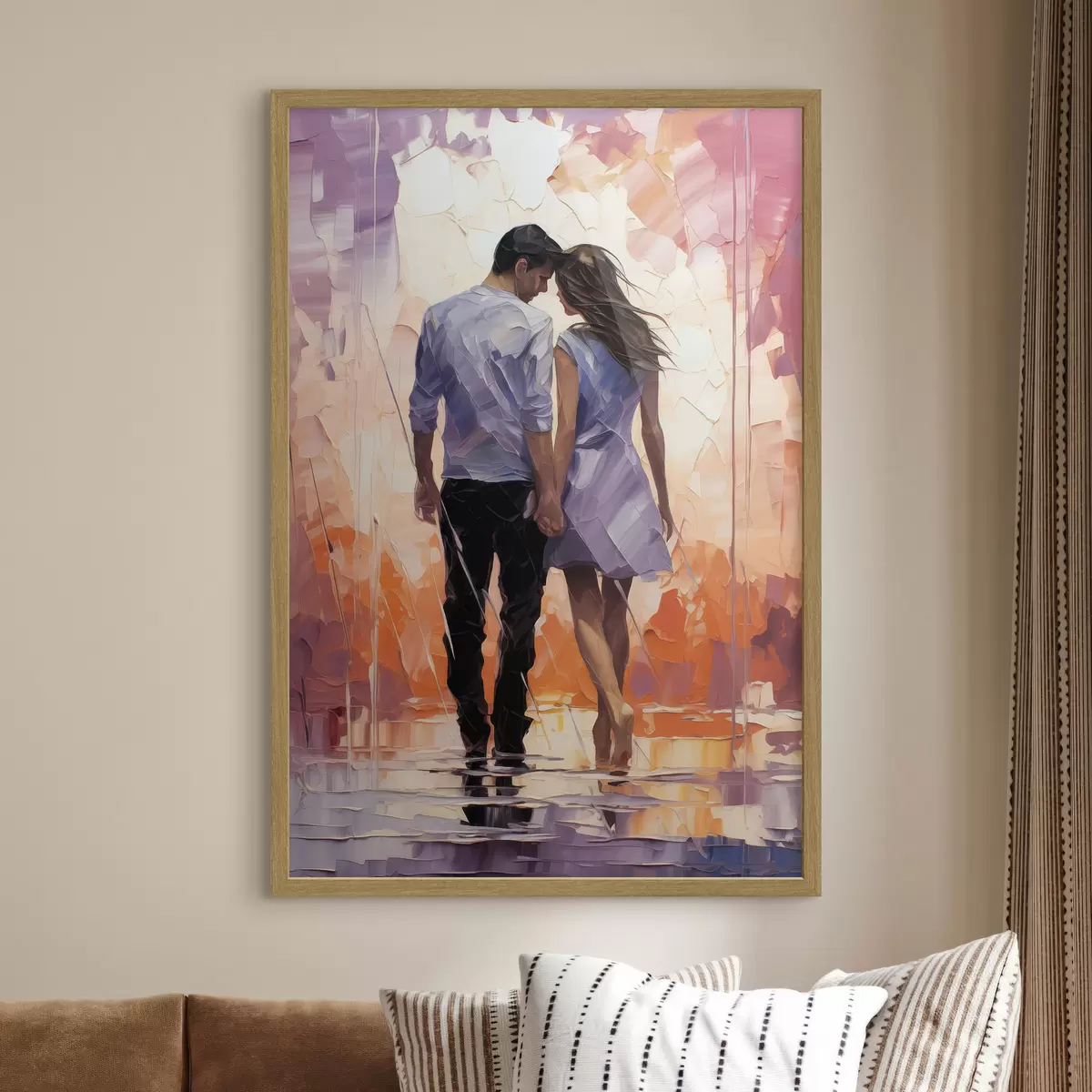 Poster Silueta de una pareja enamorada, pintura abstracta, chica y chico, color rosa, naranja, morado, negro f39124