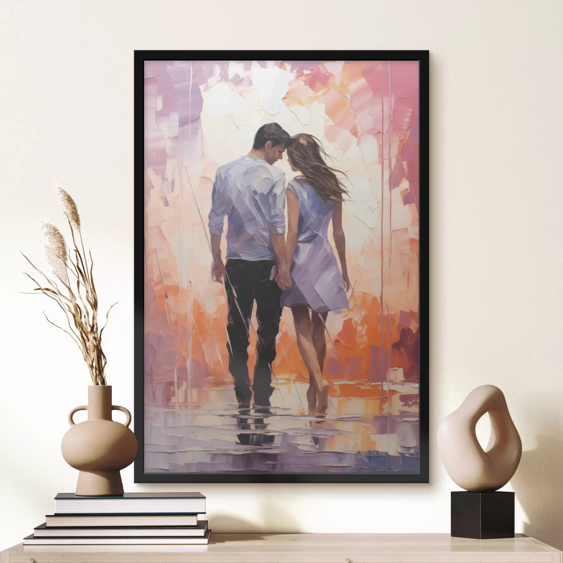 murales de pared Silueta de una pareja enamorada, pintura abstracta, chica y chico, color rosa, naranja, morado, negro f39124