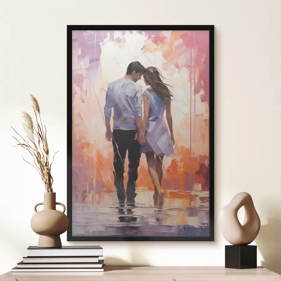 murales de pared Silueta de una pareja enamorada, pintura abstracta, chica y chico, color rosa, naranja, morado, negro f39124