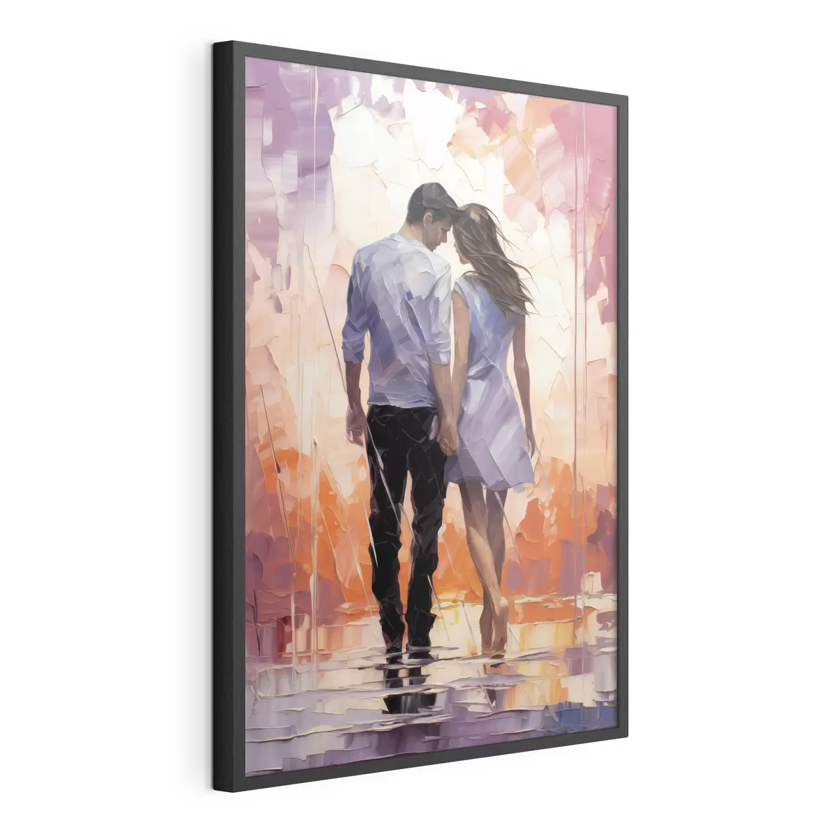 Poster Silueta de una pareja enamorada, pintura abstracta, chica y chico, color rosa, naranja, morado, negro f39124